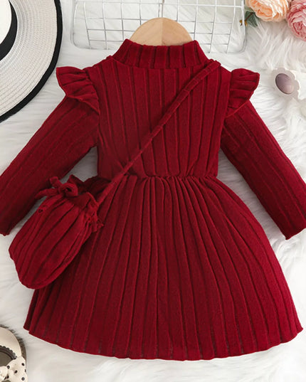 Children's Ribbed Knit Ruffle Trim Dress with Bag