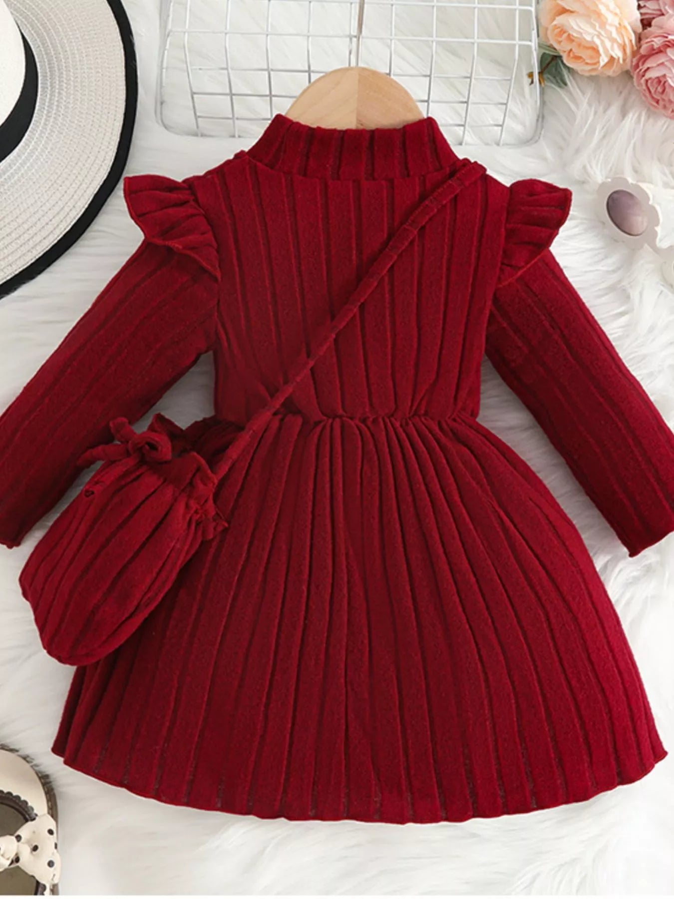 Children's Ribbed Knit Ruffle Trim Dress with Bag