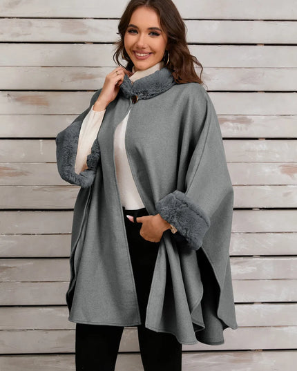Fuzzy Trim Long Sleeve Poncho Gray One Size