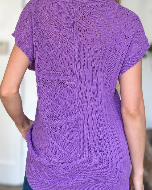 Double Take Full Size Cable-Knit Round Neck Cap Sleeve Sweater