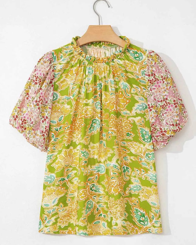Multicolour Printed Contrast Bubble Sleeve Patchwork Blouse