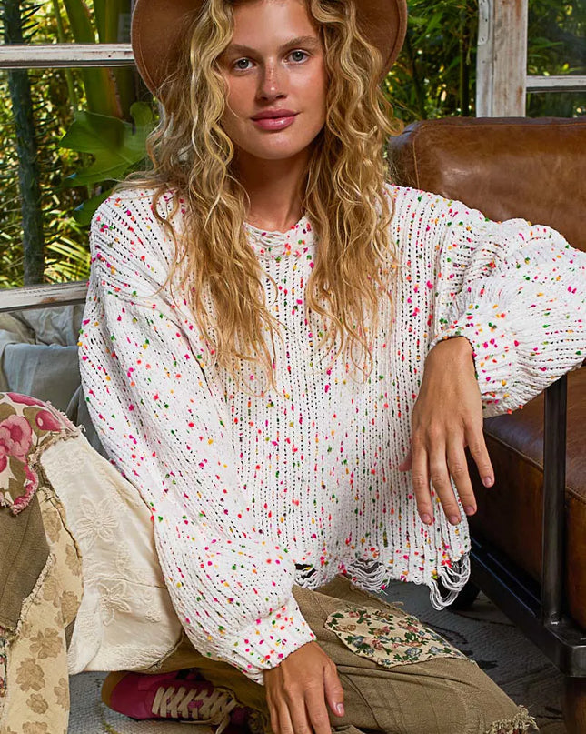 POL Round Neck Fringed Hem Sweater WHITE PINK