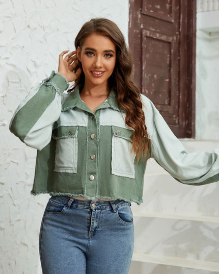 Color Block Crop Jacket with Pockets Matcha Green