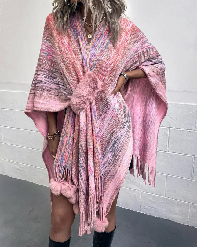 Heathered Fringe Hem Poncho Carnation Pink One Size