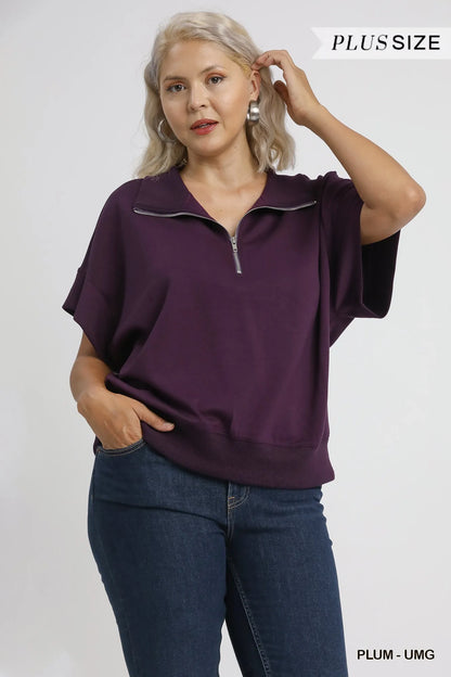 Umgee Full Size Half-Zip Short Sleeve Top Plus Size