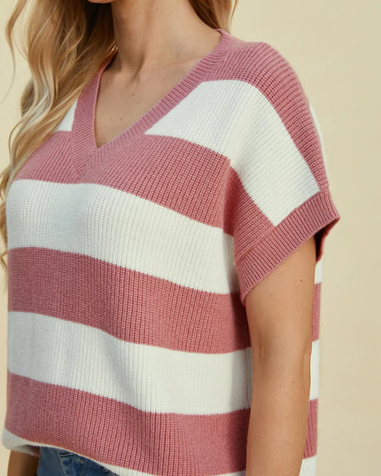 Double Take Full Size Striped V-Neck Short Sleeve Sweater