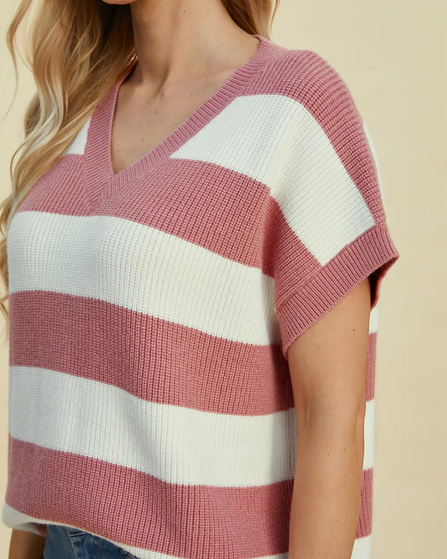 Double Take Full Size Striped V-Neck Short Sleeve Sweater