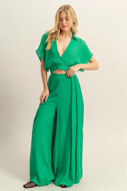 HYFVE Kimono Sleeve Crop Top and Wide Leg Pants Set Green