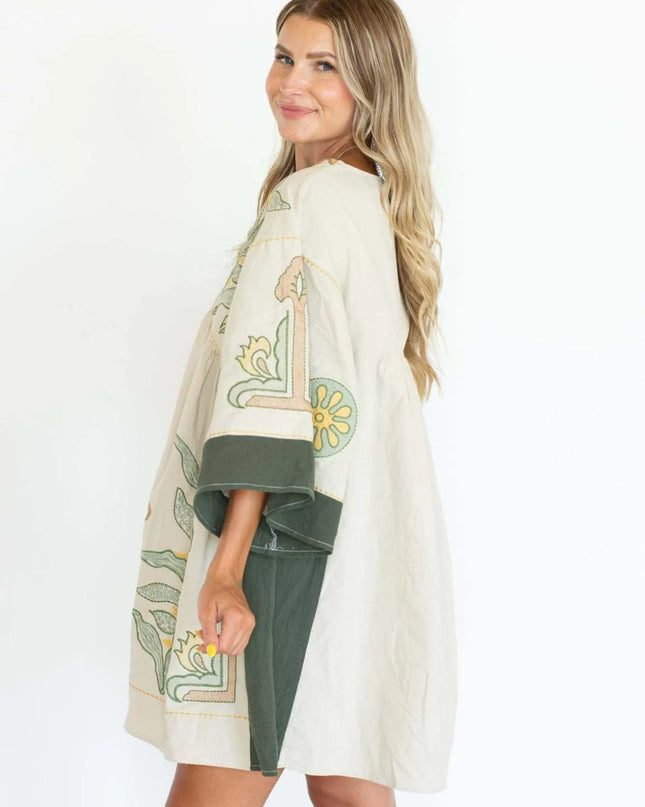 Printed V-Neck Kimono Sleeve Mini Dress