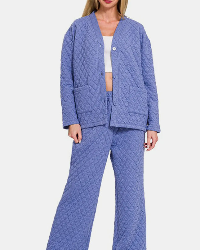 Zenana Quilted Button Up Long Sleeve Top and Pants Lounge Set Blue Purple