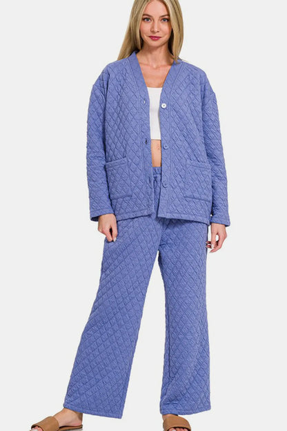 Zenana Quilted Button Up Long Sleeve Top and Pants Lounge Set Blue Purple