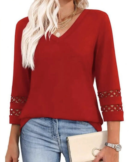 Full Size V-Neck 3/4 Sleeve T-Shirt Plus Size Red