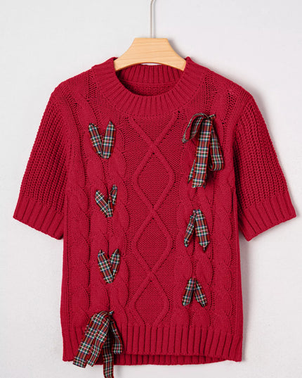 Plaid Lace Up Detail Christmas Holiday Puff Short Sleeve Sweater