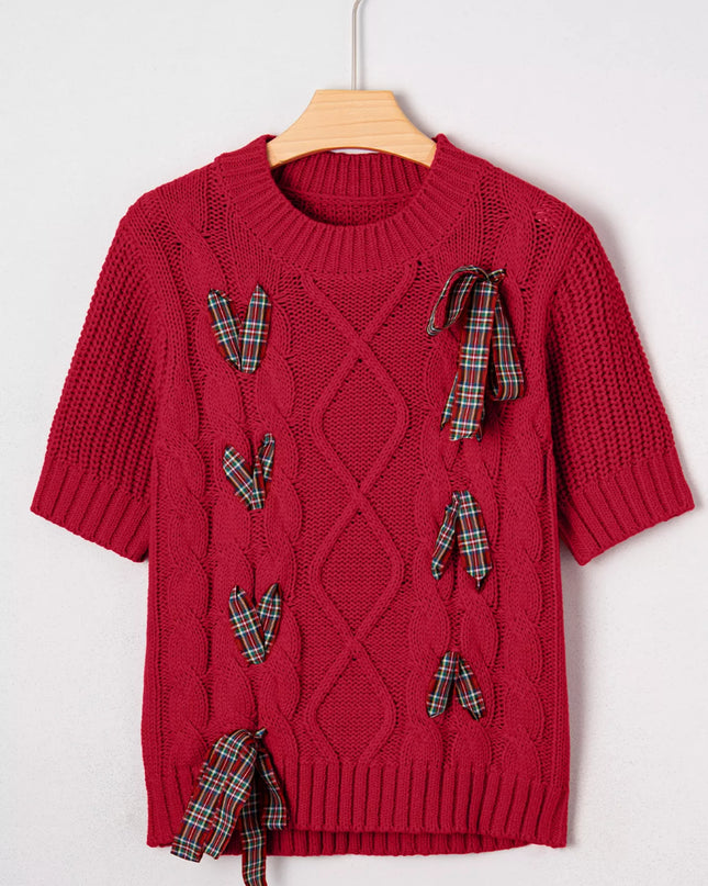 Plaid Lace Up Detail Christmas Holiday Puff Short Sleeve Sweater