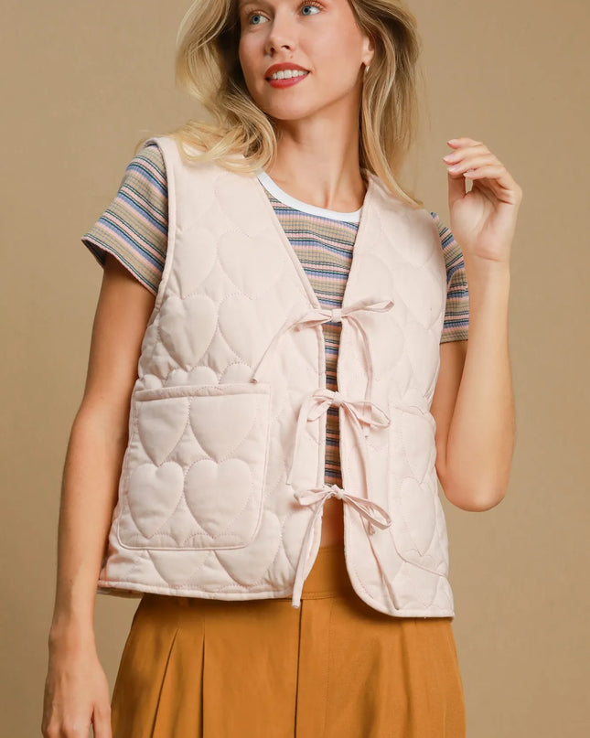 Umgee Heart Quilted Tie-Front Vest LT. PINK