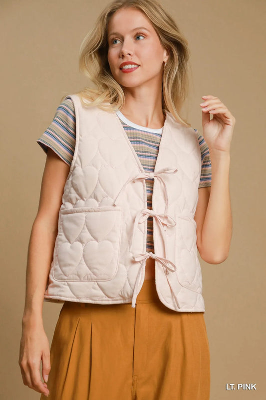 Umgee Heart Quilted Tie-Front Vest LT. PINK