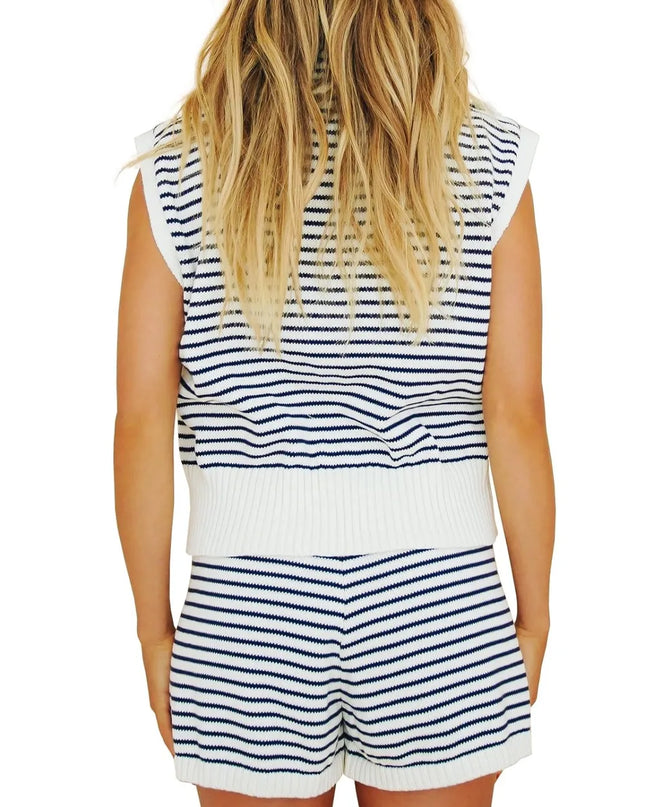 Striped Cap Sleeve Top and Shorts Sweater Set