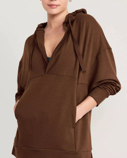 Drawstring Kangaroo Pocket Long Sleeve Hoodie Brown