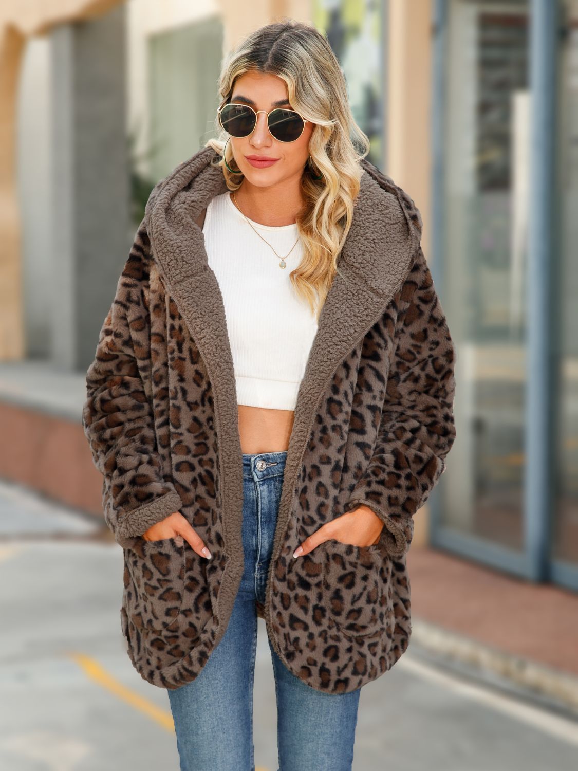 Leopard Hooded Coat with Pockets Chestnut