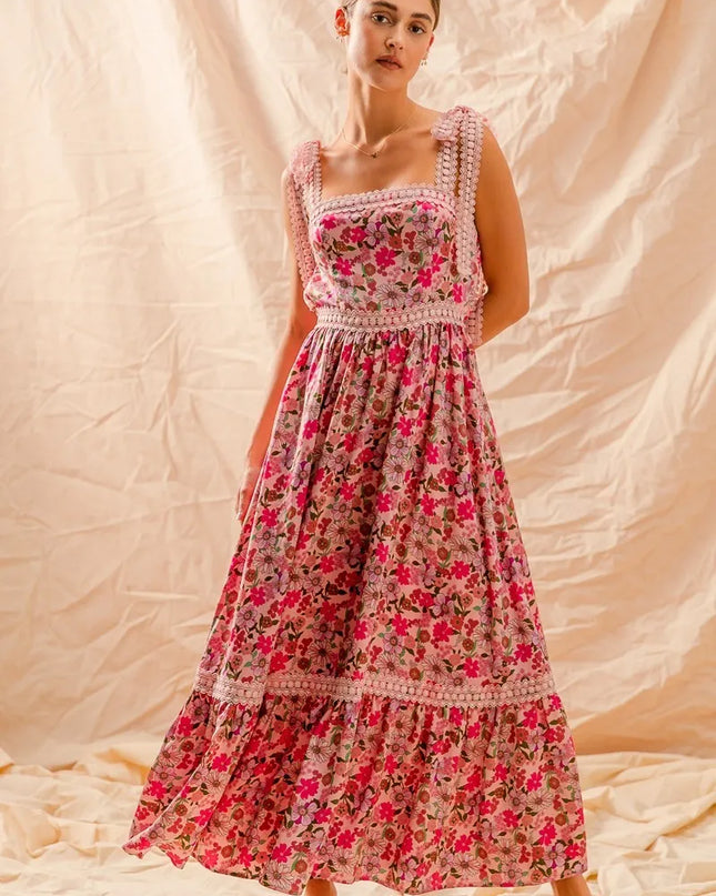 SO ME Floral Maxi Dress With Ribbon Tie Lace Strap