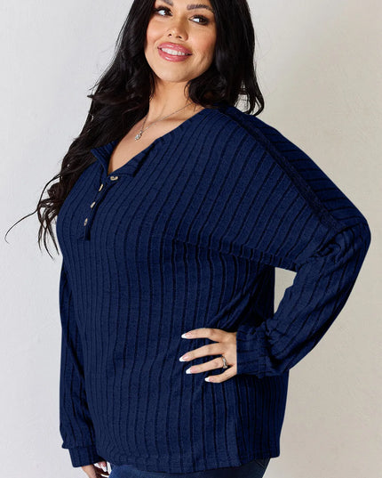 Basic Bae Full Size Ribbed Half Button Long Sleeve T-Shirt
