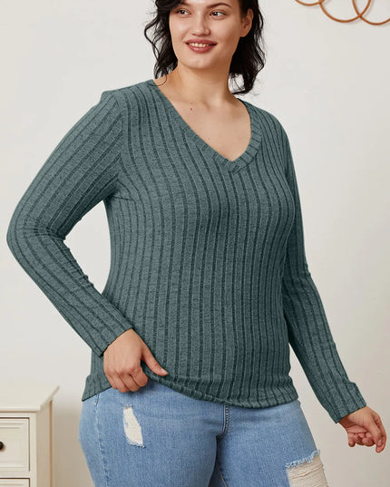 Basic Bae Full Size Ribbed V-Neck Long Sleeve T-Shirt