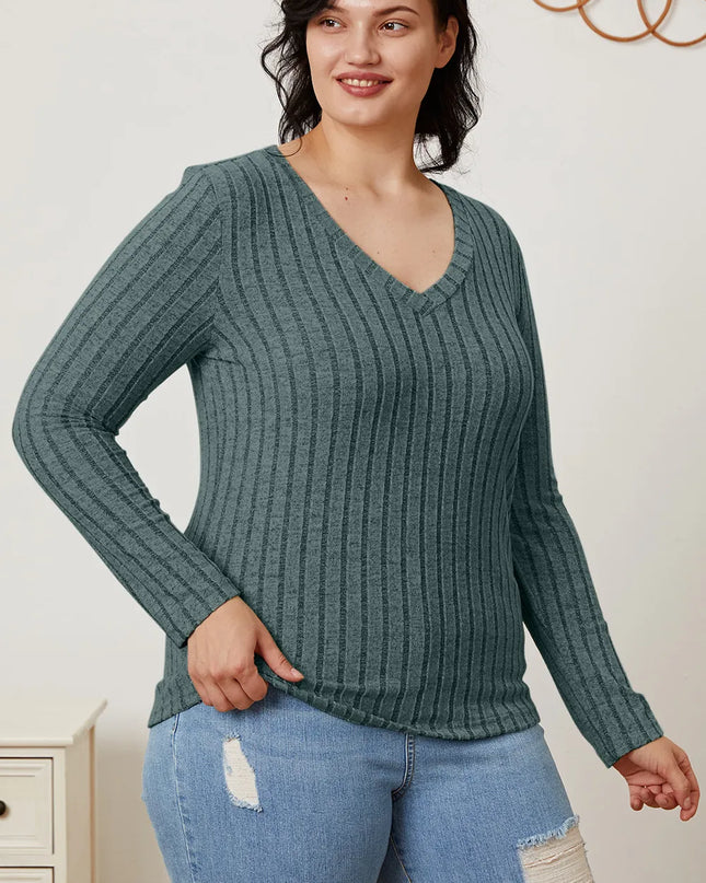 Basic Bae Full Size Ribbed V-Neck Long Sleeve T-Shirt