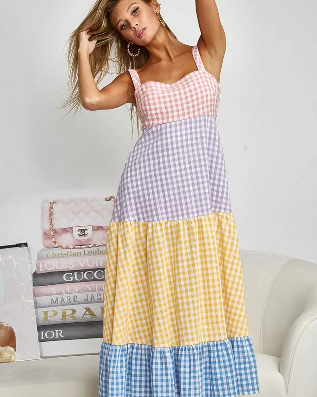 BiBi Color Block Tiered Gingham Dress
