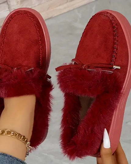 Bow Furry Round Toe Flat Slip-Ons Burgundy
