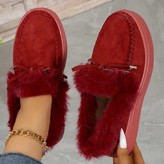Bow Furry Round Toe Flat Slip-Ons Burgundy