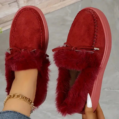 Bow Furry Round Toe Flat Slip-Ons Burgundy