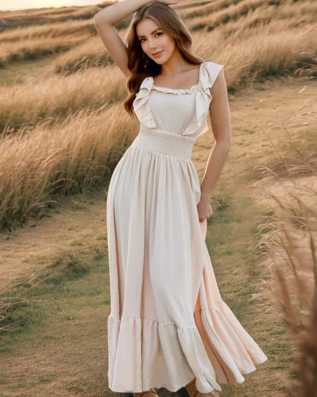 Ruffled Smocked Square Neck Maxi Dress Beige