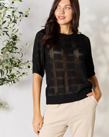 Mandy Ribbed Trim Round Neck Knit Top Black