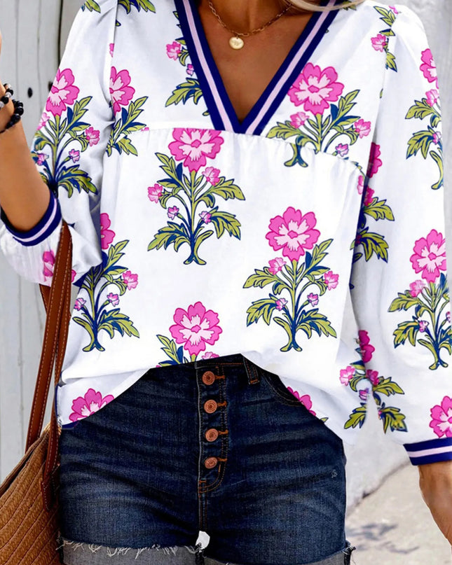 Floral Print Striped V Neck Blouse White