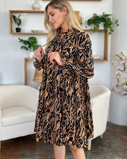 Double Take Full Size Printed Ruffle Hem Long Sleeve Dress