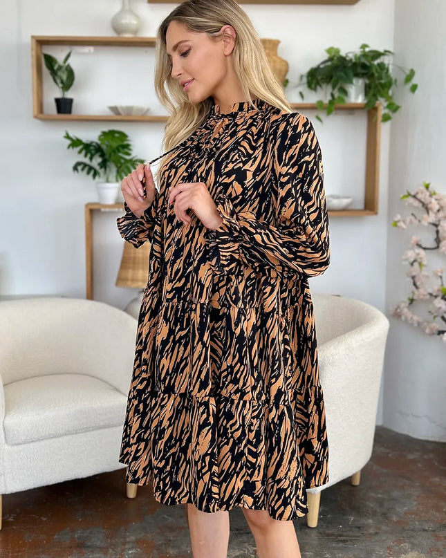 Double Take Full Size Printed Ruffle Hem Long Sleeve Dress