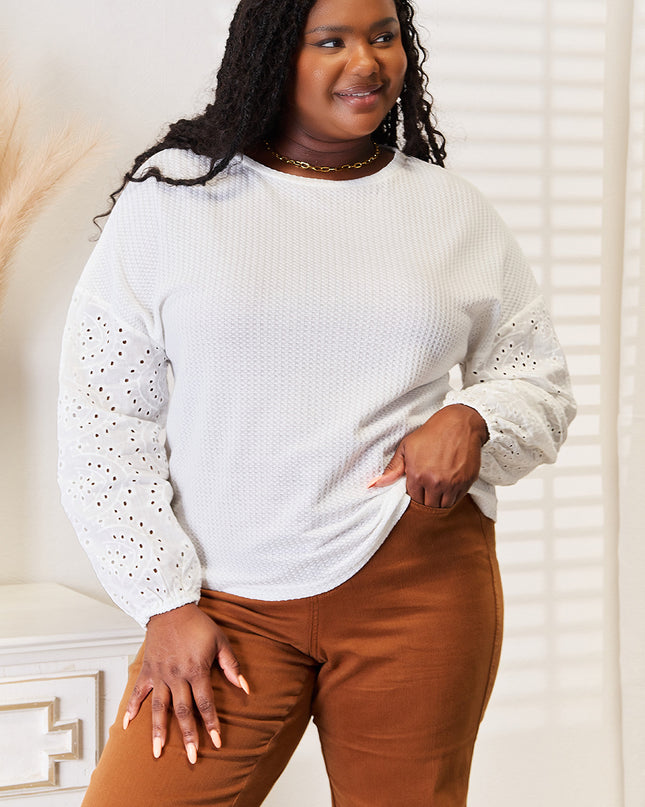 Shiny Eyelet Dropped Shoulder Round Neck Blouse