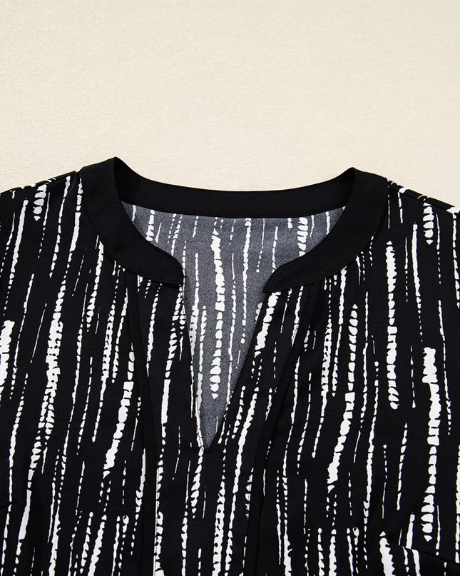 Abstract Printed Notched Long Sleeve Blouse