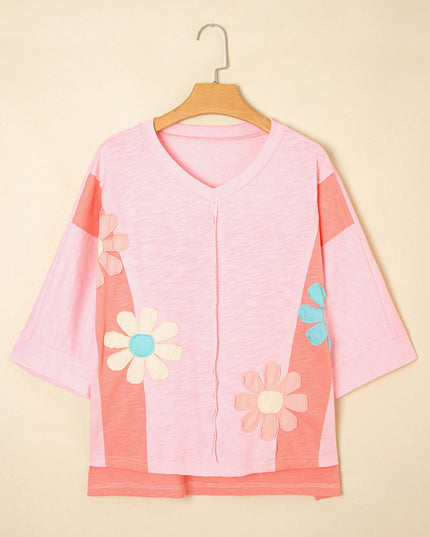 Flower Patched Exposed Seam Oversized T Shirt
