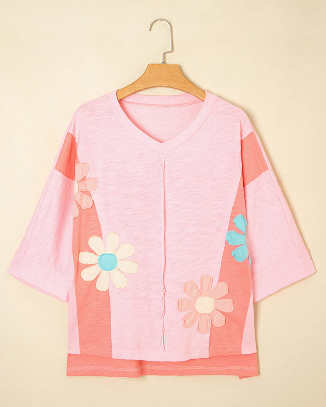 Flower Patched Exposed Seam Oversized T Shirt