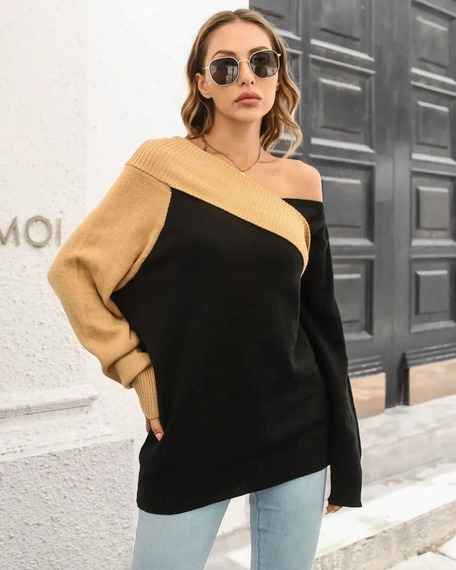 Asymmetrical Color Block Long Sleeve Sweater Black