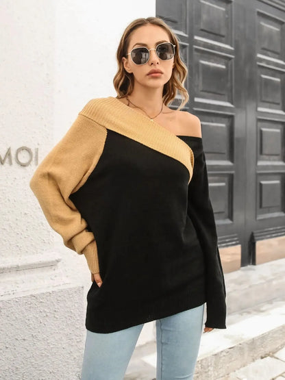 Asymmetrical Color Block Long Sleeve Sweater Black