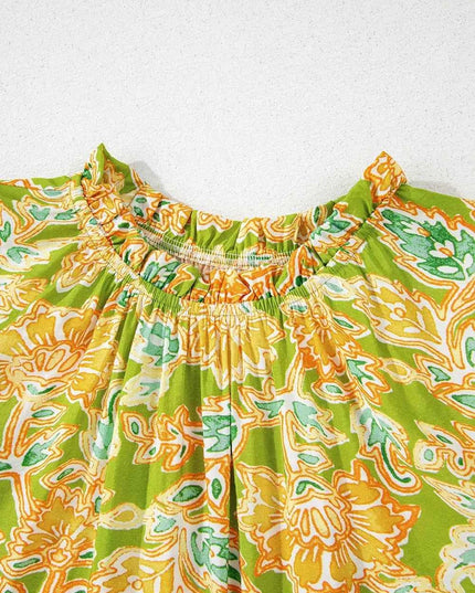 Multicolour Printed Contrast Bubble Sleeve Patchwork Blouse