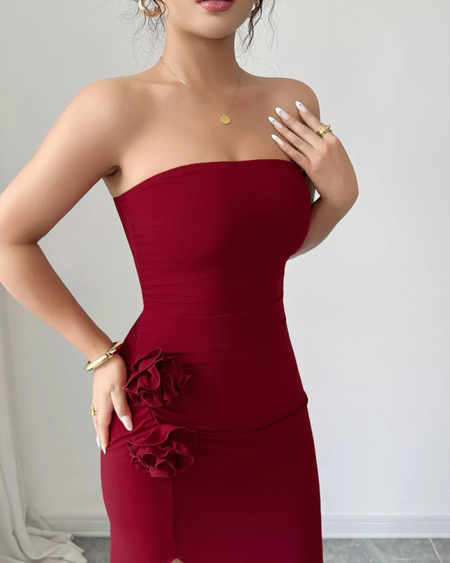 Front Split Strapless Dress with Floral Detail