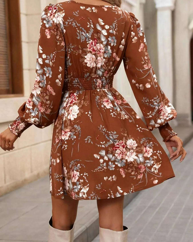Floral Long Sleeve Mini Dress with Smocked Waist