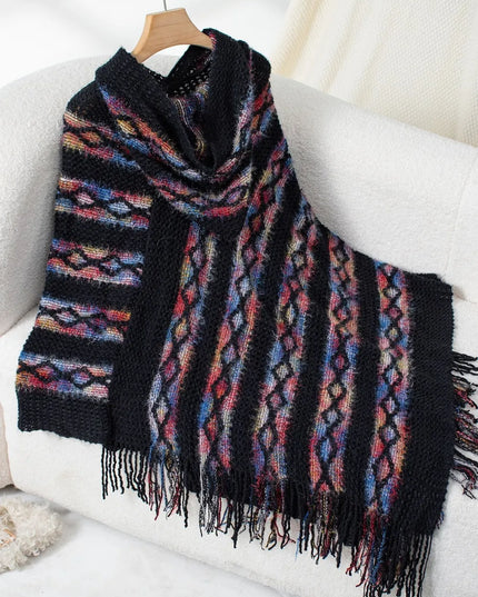 Fringe Contrast Hooded Poncho Black One Size