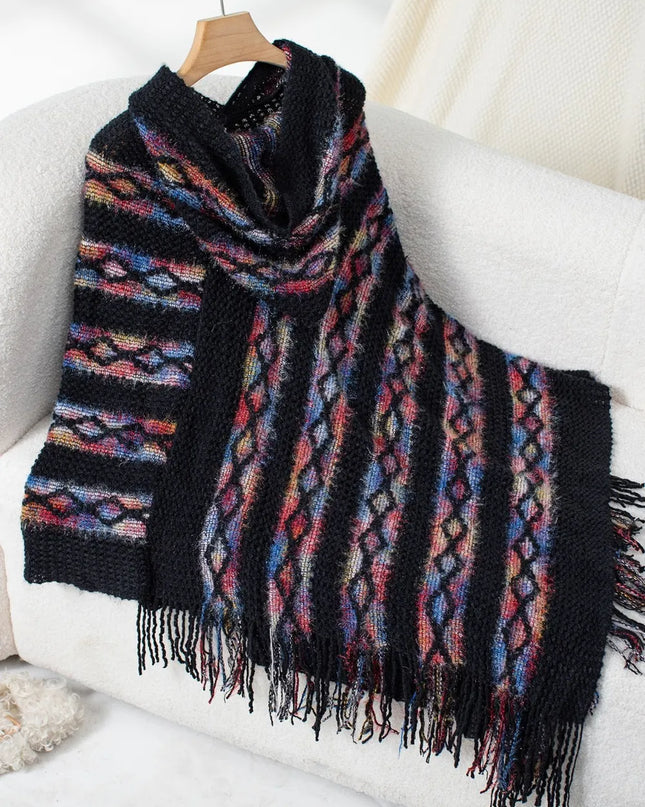 Fringe Contrast Hooded Poncho Black One Size