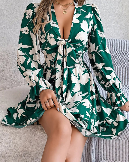 Tied Ruffled Printed Long Sleeve Dress
