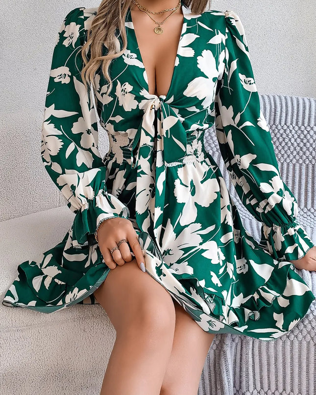 Tied Ruffled Printed Long Sleeve Dress