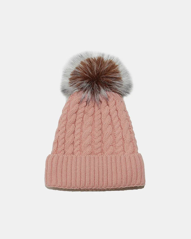 Cable Knit Winter Hat with Pompom Dusty Pink One Size